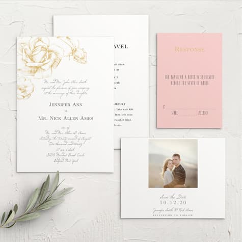 Illustrated Rose Foil Wedding Invitations