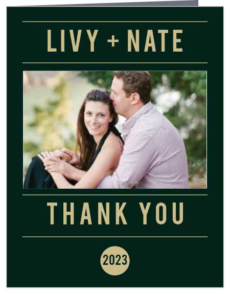 If modern with a twist is your style, you may like The Photo Romance Foil thank you card. Add your picture, then send this off to express your gratitude to your guests.