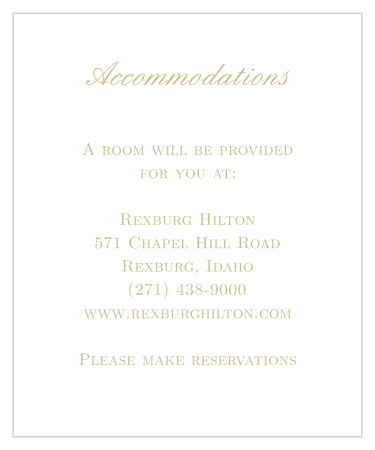 The Simple Luxury Foil Accommodation card provides your guests with information for their stay. Include group discounts, hotel information, etc.