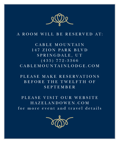 Many of your guests will travel a long distance to be at your big event, so make sure they know the best places to stay and how to travel to be at your wedding with the Royal Scrolls Foil Accommodation Cards!