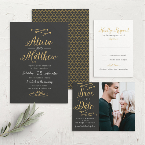 Whimsical Calligraphy Foil Wedding Invitations