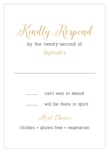 Make sure you have an accurate head count of attending guests with the elegant Whimsical Calligraphy Foil Response Cards.