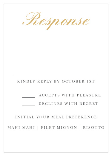 If you are looking for an RSVP card to match the classic sophistication of The Victorian Frame photo wedding invitation, then The Victorian Frame RSVP card is the right enclosure card for you. The foil will make your guests jaw drop and set the tone for your big day.