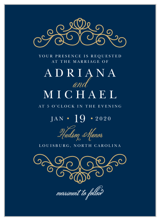 Rich navy and beautiful real gold or silver foil come together to make the beautiful Royal Scrolls Foil Wedding Invitation.