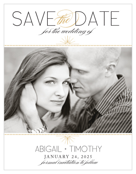 The Stylized Sunbursts Foil Save-the-Date Magnet highlights you and your fiancé with the photo being the focus of the card. The foil will only highlight you even more. Your guests will be excited to attend your big day!
