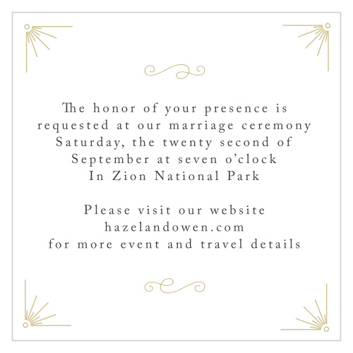 The Stylized Sunbursts Foil Ceremony Cards add foil to make your cards pop! The ceremony card is a perfect addition to this invitation suite. Give your guests the details of the ceremony to ensure everything goes smoothly.