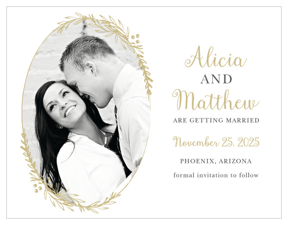 The Delicate Laurel Foil Suite wouldn't be complete with a beautiful matching Save-the-Date Card.