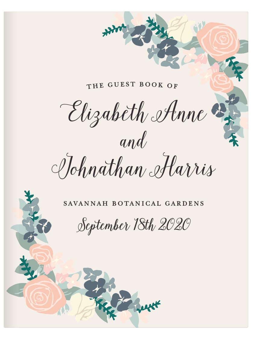 Your guests will be delighted when they see The Illustrated Corner Wreath Guest Book. A beautiful simple illustration of wreath accents adorn each corner, and all of your important information fills in the rest. This guest book is perfect for anyone looking for a unique spring, flower, summer, or just pretty wedding invitiation.