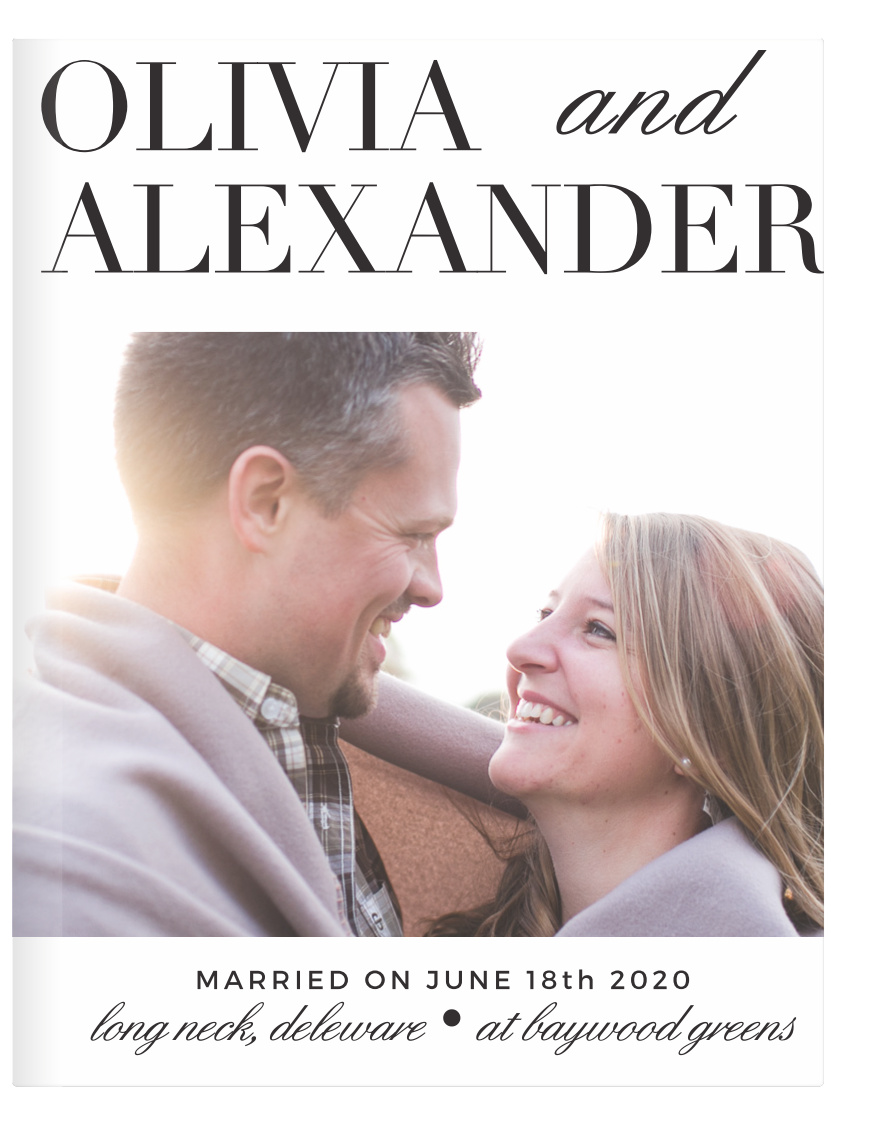 Sometimes a photo and some text of you and your loved one is all you need, and you can have just that with the Typography Guest Book. Upload the single photo on the front face and you'll be set!