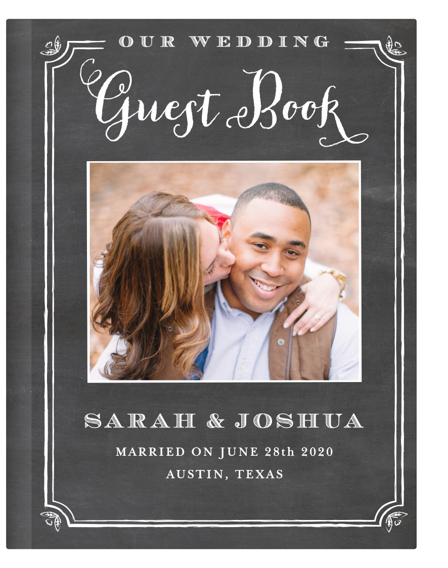 The White Chalkboard Guest Book has a trendy handwritten feel. Upload your picture, customize the colors, and make the perfect guest book for your perfect day!