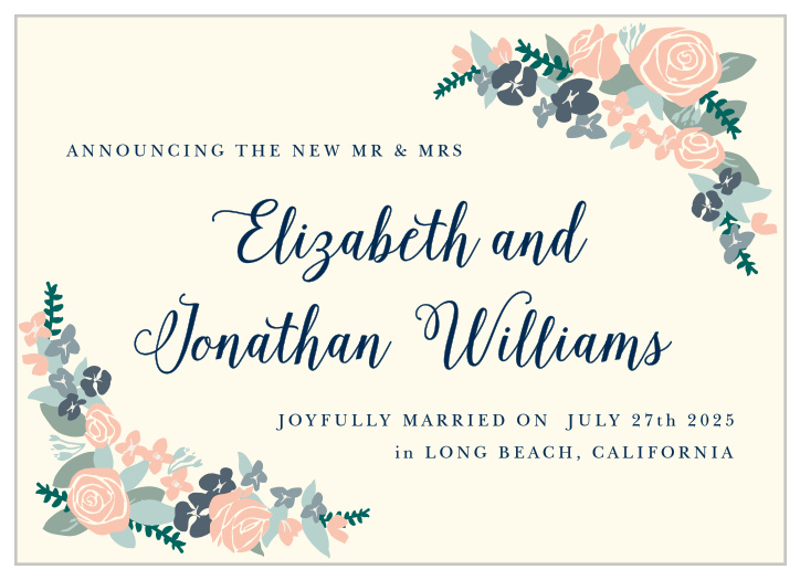 Our Illustrated Corner Wreath Wedding Announcement features a beautiful floral design.