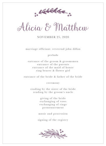 Organize your day in perfect elegance and style with the Delicate Laurel Wedding Programs.