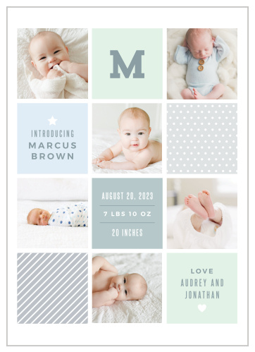 Show off every foot, hand, smile, and laugh in our grid-like Baby Blocks Birth Announcements!
