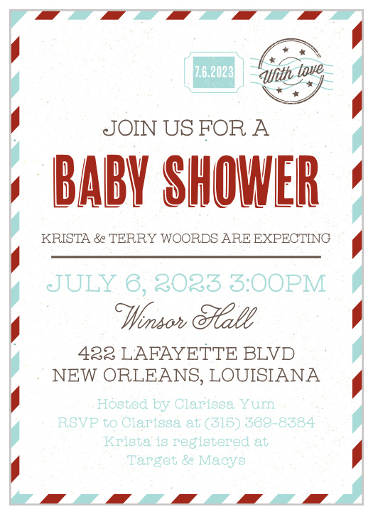 The Vintage Envelope baby shower invitations add a cute feel with the colored stripes surrounding the entire card and stamp in the top right-hand corner with processing stamp.