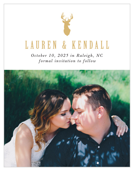 Our Camo & Antlers Save the Date Cards are sure to have family and friends marking their calendars for your big day.