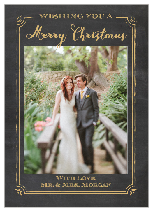 Send this seasons holiday greeting with the polish of the Elegant Chalkboard Frame Foil Christmas Cards from the Love Vs Design Collection.