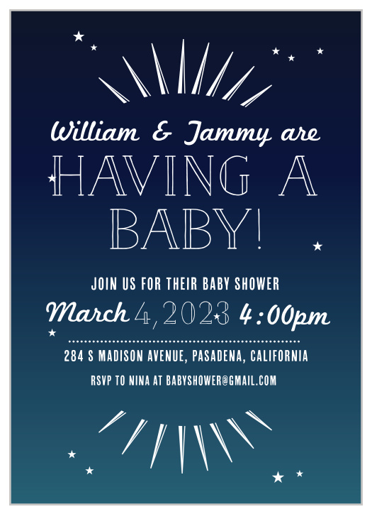 The Bright Night baby shower invitations have a dark blue background with tiny stars throughout giving your design a fun and unique look.