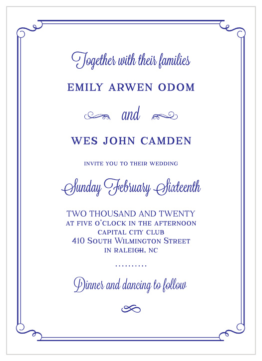 Elegant embellishments and a unique swirled corner scallop frame make the Handwritten Deco Wedding Invitations a beautiful way to invite guests to your wedding. 