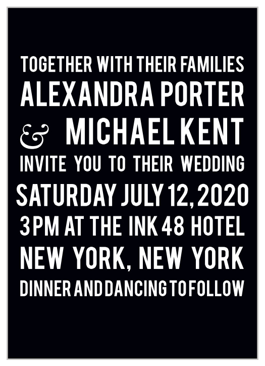 Bold fonts in block text create the distinct look of the Modern Poster Wedding Invitations.