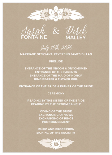 Flower bunches and a kraft background add warmth to the Rustic Floral Wedding Programs. 