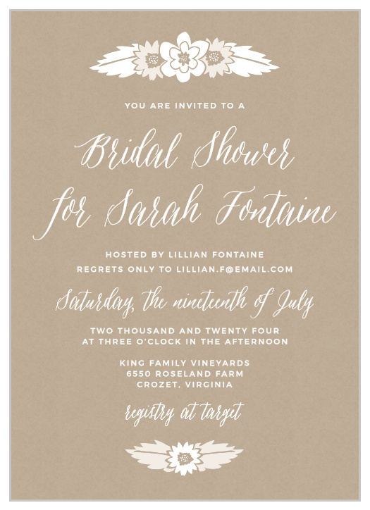 Charming flower bunches sit atop a printed kraft background on the Rustic Floral Bridal Shower Invitations.
