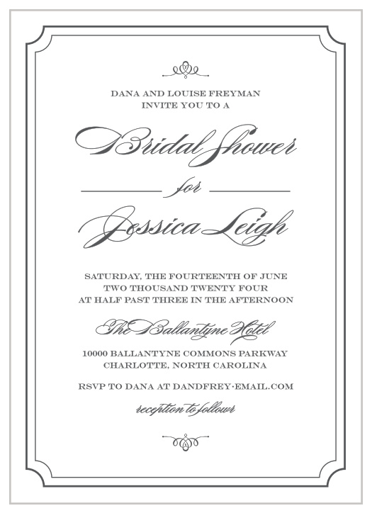 Luxurious embellishments, beautiful fonts, and a scallop frame make the Elegant Script Bridal Shower Invitations from the Crafty Pie Collection at Basic Invite a posh choice for your bridal shower.