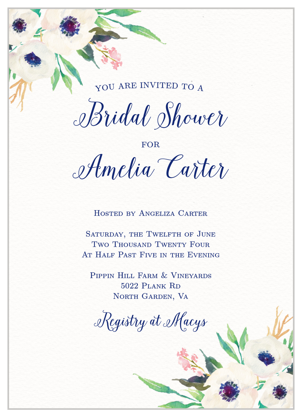 Watercolor Anemone Bridal Shower Invitations