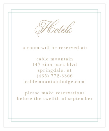 Elegant fonts and sophisticated over frames make the Emily Swash Accommodation Cards a beautiful addition to your wedding stationery. 