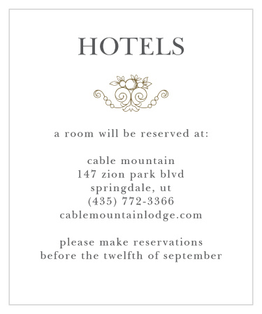 The Vintage Damask Accommodation Cards are an easy way to give guests travel information and are especially important if you will be providing rooms for your guests. 