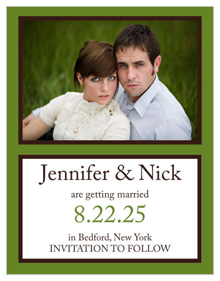 Trendy and posh describe this save-the-date design. TOure Initials Square is versatile, having a large photograph area at the top followed by a text box for all of your information.