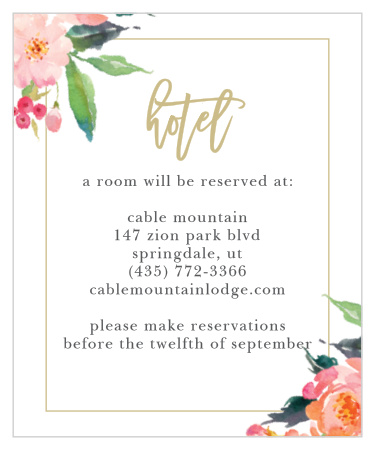 Gorgeous watercolor florals and a thin border frame your customized text on the Standing Ovation Accommodation Cards.