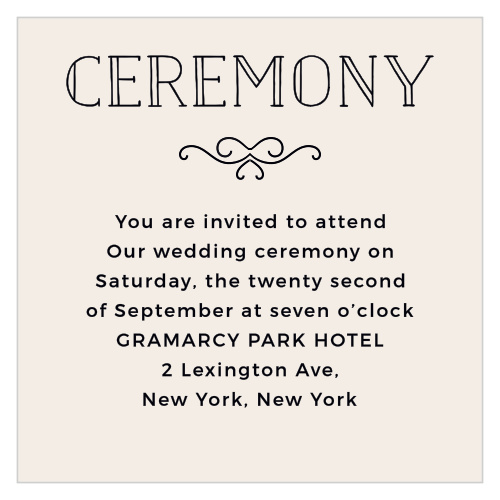 Include additional wedding details with the Classic Penmanship Ceremony Cards from the Crafty Pie Collection at Basic Invite. 