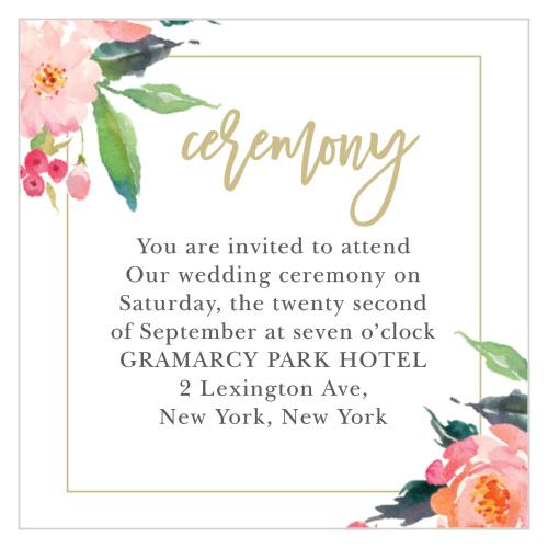 Elegant watercolor flowers and a thin border complements your custom text on the Standing Ovation Ceremony Cards. Find your wedding colors in our palette of over 160 custom colors.