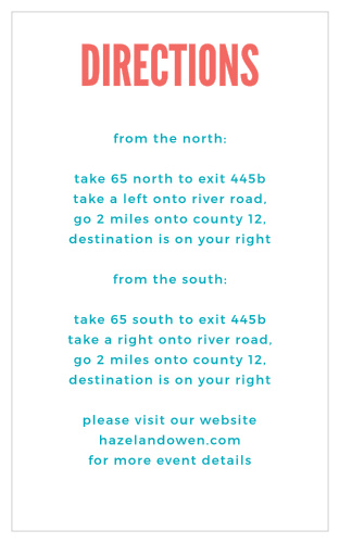 Bold fonts and bright colors make the Modern Venn Direction Cards a fun choice for your wedding stationery.