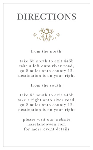 Help guests find your wedding venue with the Vintage Damask Direction Cards from the Crafty Pie Collection at Basic Invite.