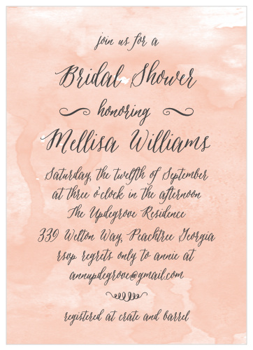 The Watercolor Script Bridal Shower Invitations from the Crafty Pie Collection at Basic Invite are a softly elegant design customizable to most wedding themes. 