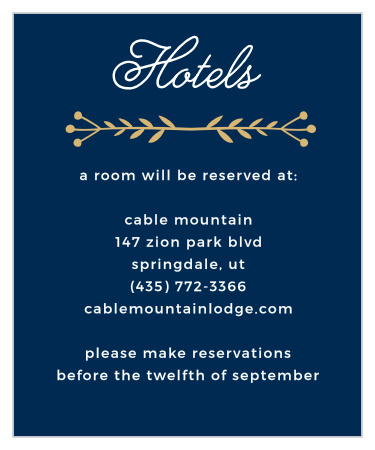 Let guests know where to stay and other necessary travel information with the Folksy Floral Foil Accommodations Cards from the Crafty Pie Collection at Basic Invite.