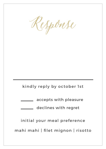 Customize the Rustic Script Foil Response Cards from the Crafty Pie Collection at Basic Invite to meet your wedding stationery needs.