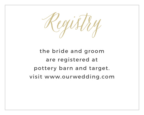 Direct guests to your wedding wishlist with the Rustic Script Foil Registry Cards from the Crafty Pie Collection at Basic Invite. 