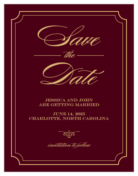 Reserve your spot in guests' calendars with the Elegant Script Foil Save-the-Date Cards from the Crafty Pie Collection at Basic Invite. This posh design features a beautiful script font, luxurious embellishments and a scalloped frame. 