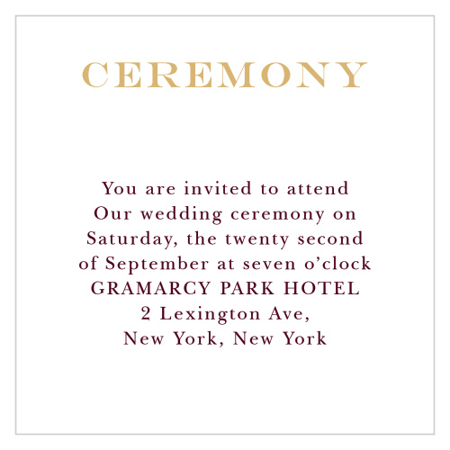 Invite your VIPs to the highlight of your posh wedding with the Elegant Foil Script Ceremony Cards.