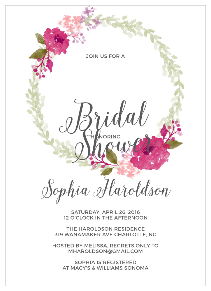Watercolor Wreath Bridal Shower Invitations by Basic Invite