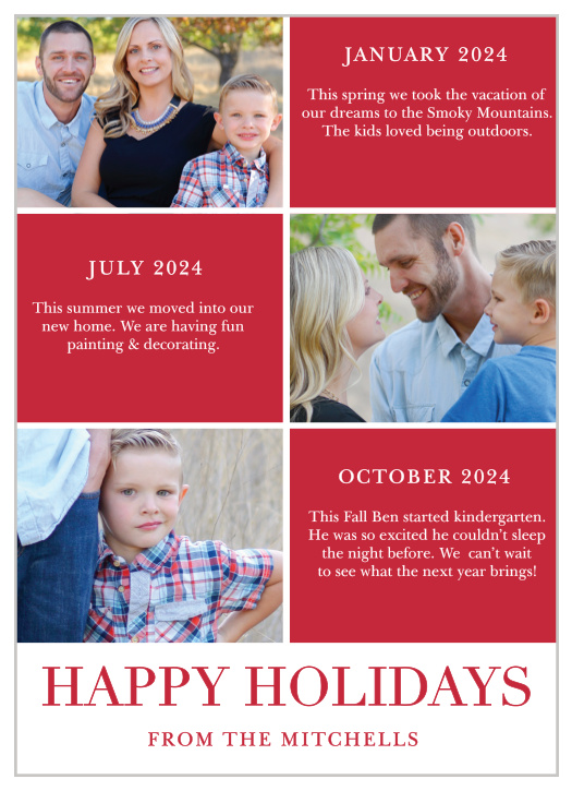 Share the great moments of your year with the Timeline Grid Photo Holiday Cards.