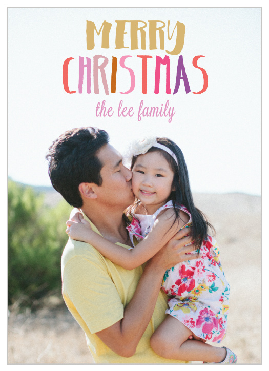The Merry Lettering Foil holiday cards is a simply yet fun design with a full photo as the background and a colorful merry Christmas.