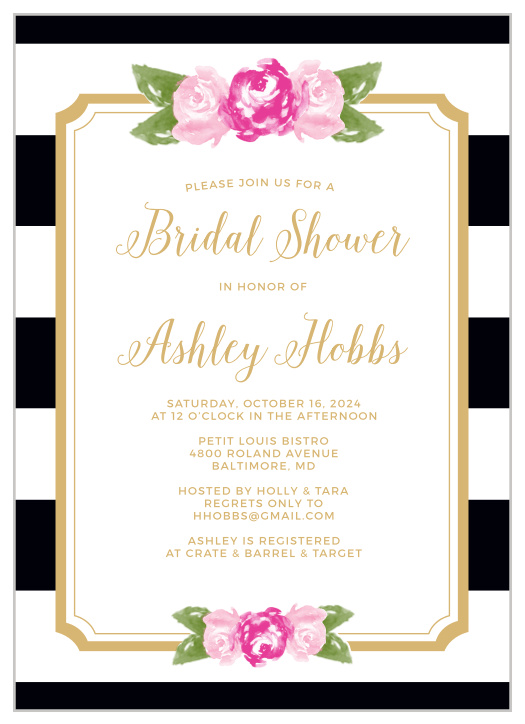 Invite friends and family to celebrate the Bride-to-be with the Floral Stripe Foil Bridal Shower Invitations from the Crafty Pie Collection at Basic Invite.