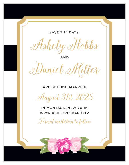 Make your exciting announcement with the Floral Stripe Foil Save-the-Date Magnets from the Crafty Pie Collection at Basic Invite.