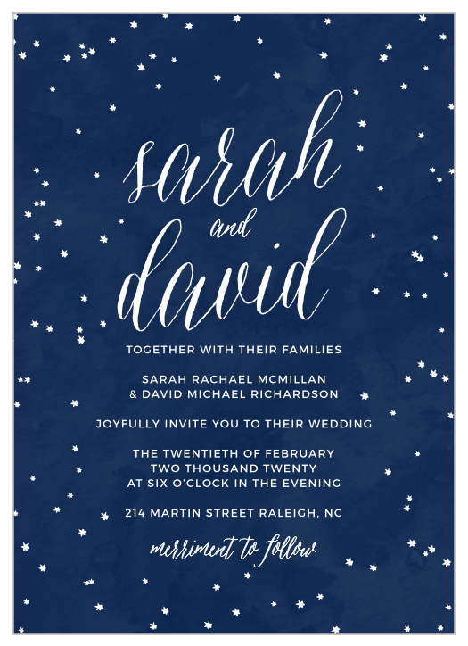 A scattering of hand-drawn style stars rests upon a watercolor background on the Beautiful Night Wedding Invitations.