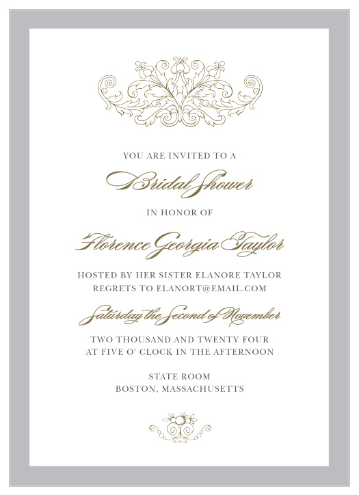Formally invite friends and family to celebrate the bride-to-be with the Vintage Damask Bridal Shower Invitations.