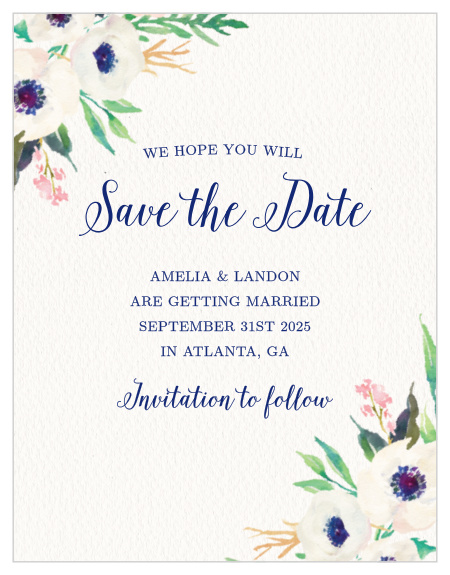 Lush florals adorn the corners of the Watercolor Anemone Save-the-Date Magnets.