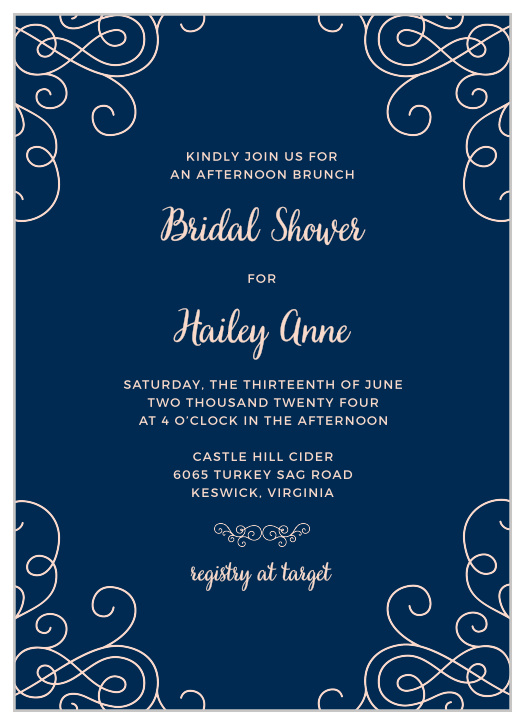Gorgeously ornate swirls surround party information on the Modern Love Bridal Shower Invitations.